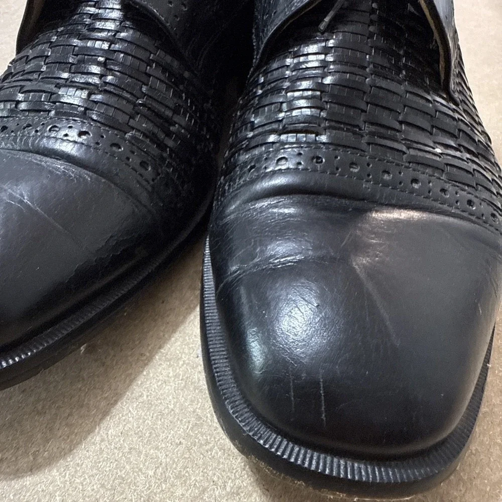Vtg Mens 8.5 Dress Shoes Black‎ Woven Leather Cap Toe Lace Up Old Money Preppy